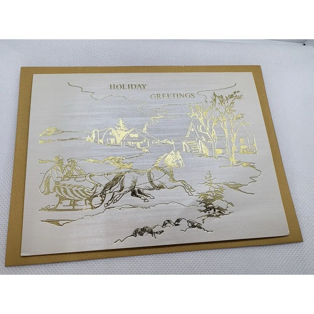 Vintage Craftmount Photo Frame Holiday Cards Gold Sleigh Gold Envelope Lot of 10